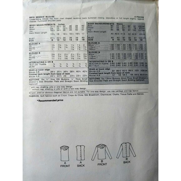 Vintage 80s Butterick 6910 Cowl Drape Blouse Top Sewing Pattern Size 12 Cut Chic - Picture 4 of 4